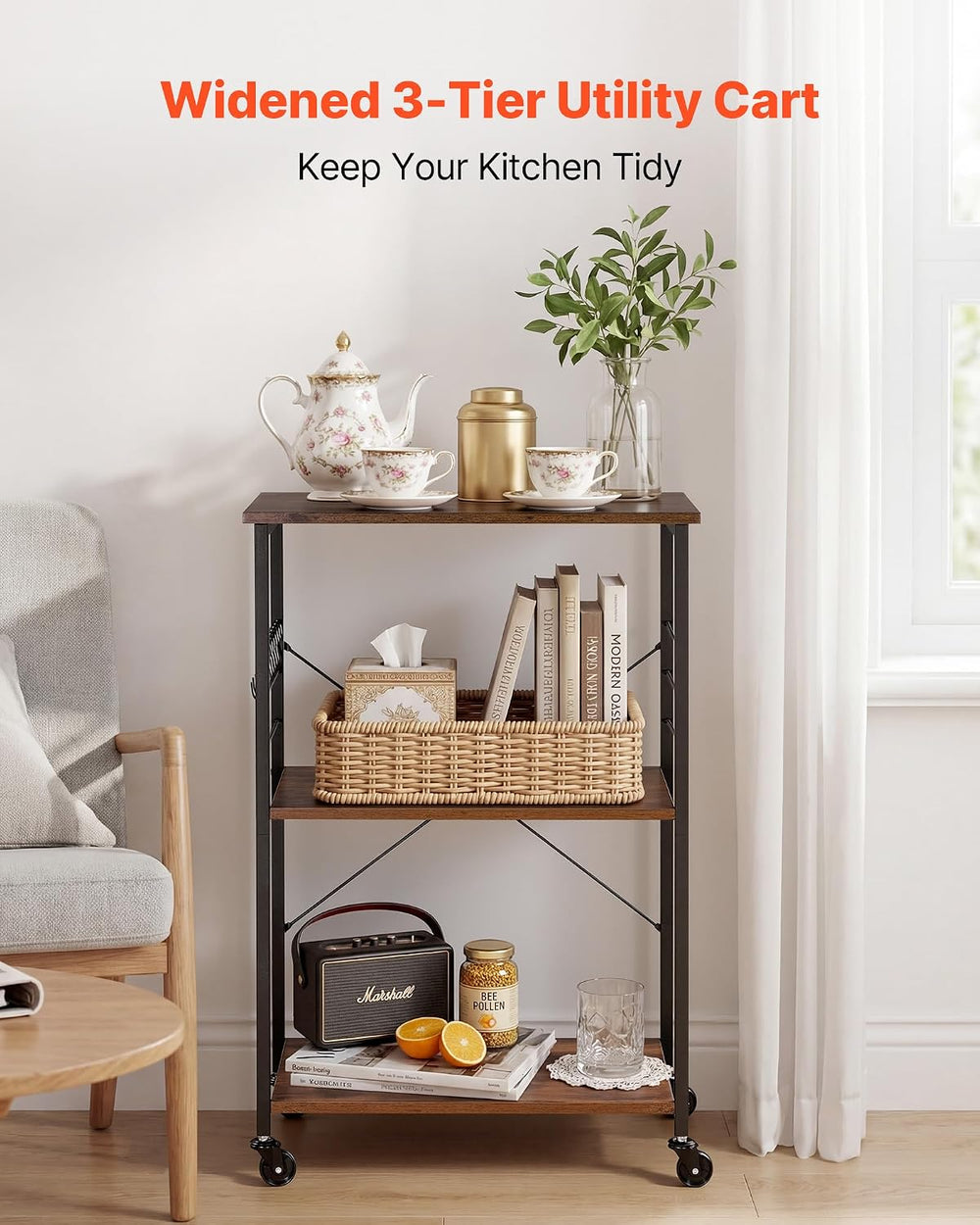 VEVOR 3-Tier Rolling Kitchen Cart, 23.7 in Microwave Stand with Storage, Util...