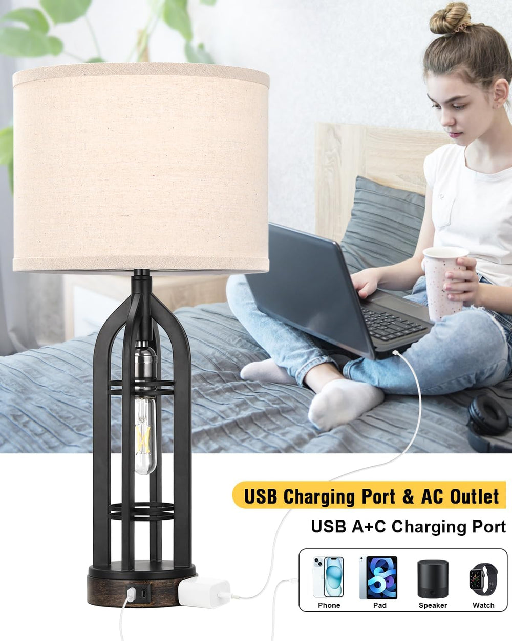 Seealle Table Lamps for Living Room, 3 Way Dimmable Farmhouse Lamp Set of 2