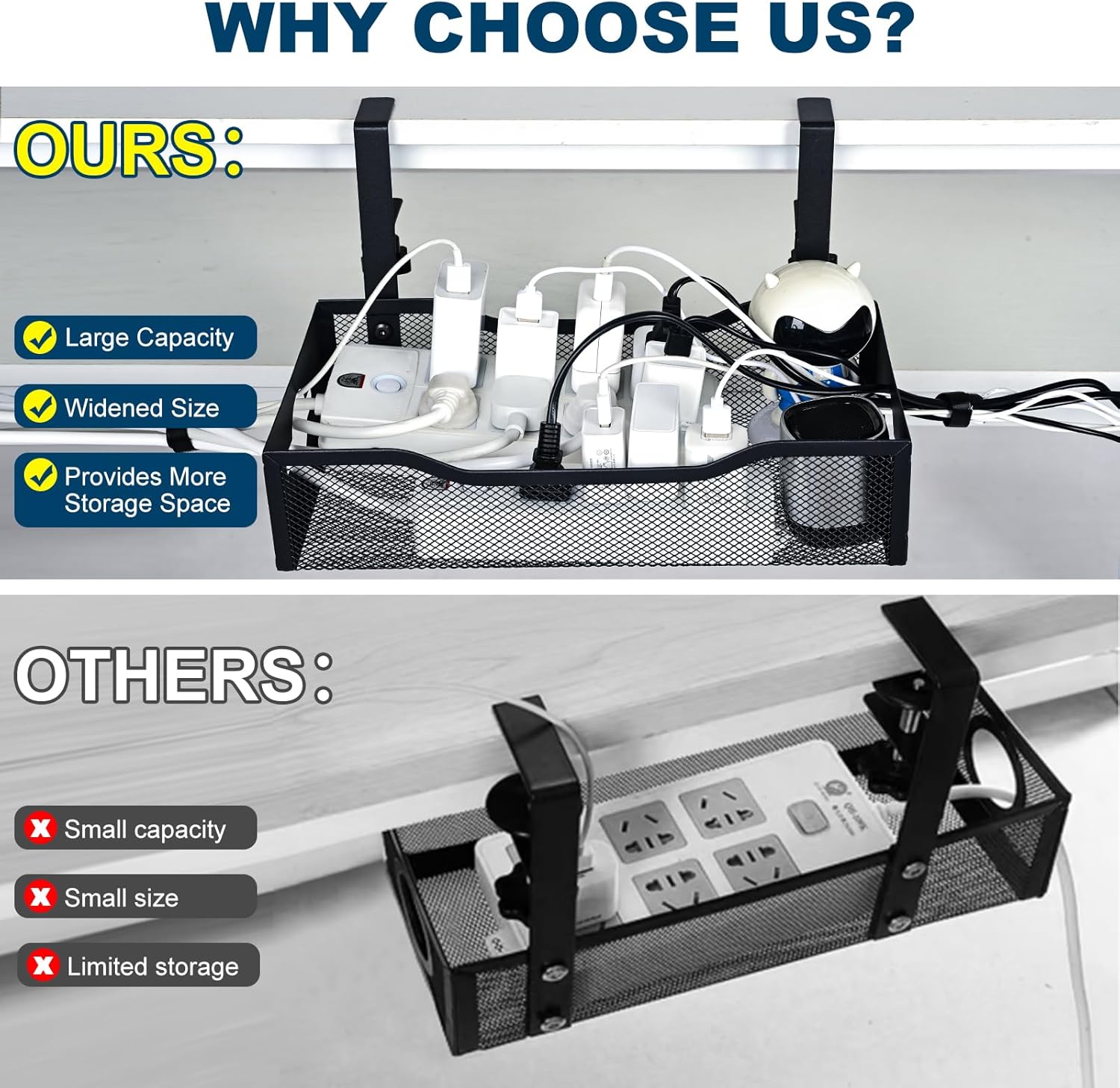 Large Under Desk Cable Management Tray - Heavy Duty Metal Cord Organizer with No Drill Installation for Office & Home Office Desks to Hide Wires & Power Strips (Black, XL)