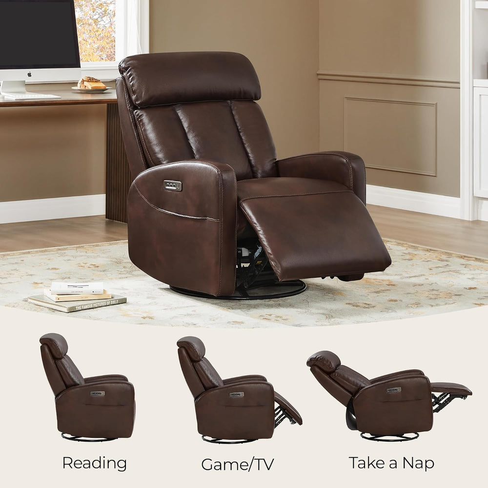 CHITA Genuine Leather Power Recliner Chair, Swivel Rocker, Cognac Brown | Ele...