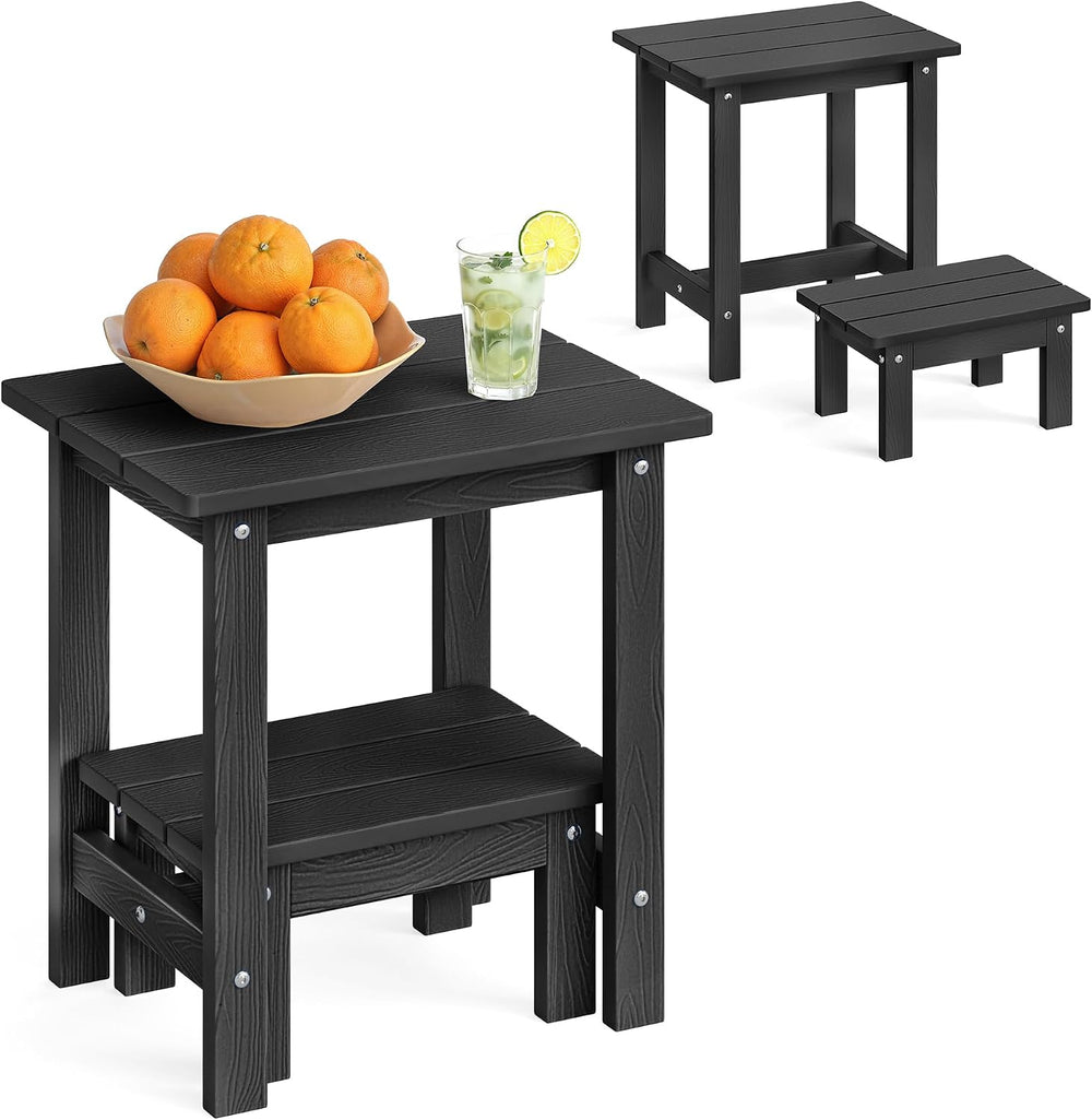 LUE BONA Small Outdoor Side Table with Removable Footstool for Patio, Black