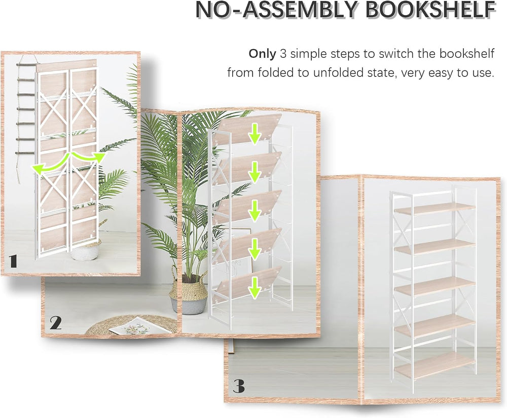 4NM 5 Tiers No Assembly Book Shelves, 51.2" H Folding Bookshelf Bookcase...
