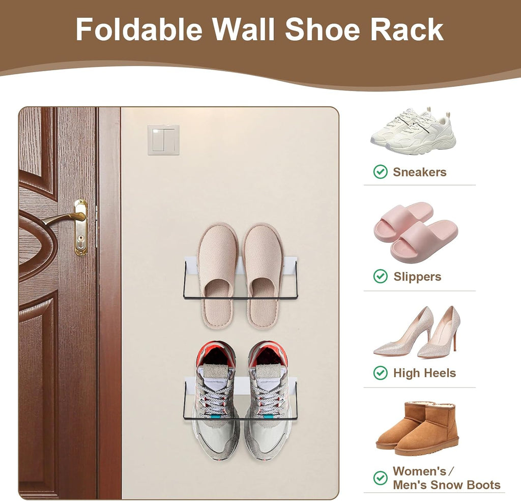 SCUNDA 2-Pack Wall Mounted Shoe Rack, Wooden & Metal Foldable Shoe Rack - Space Saving Wall Shoe Holder for Entryway, RV, Camper, Closet, Apartment, Fits Various Shoes-White