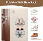 SCUNDA 2-Pack Wall Mounted Shoe Rack, Wooden & Metal Foldable Shoe Rack - Space Saving Wall Shoe Holder for Entryway, RV, Camper, Closet, Apartment, Fits Various Shoes-White