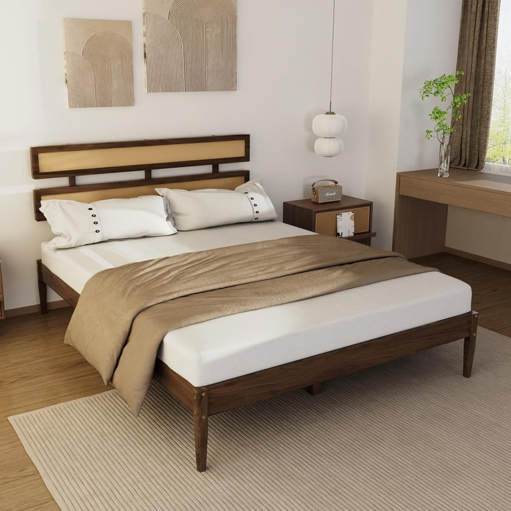Karl home Bohemia Wood Bed Frame, Queen Size Platform Bed, Walnut Brown