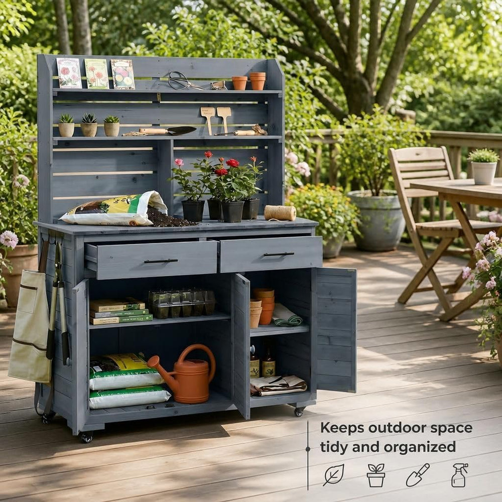Large Outdoor Garden Potting Bench with Lockable Wheels Storage Cabinet Outdo...
