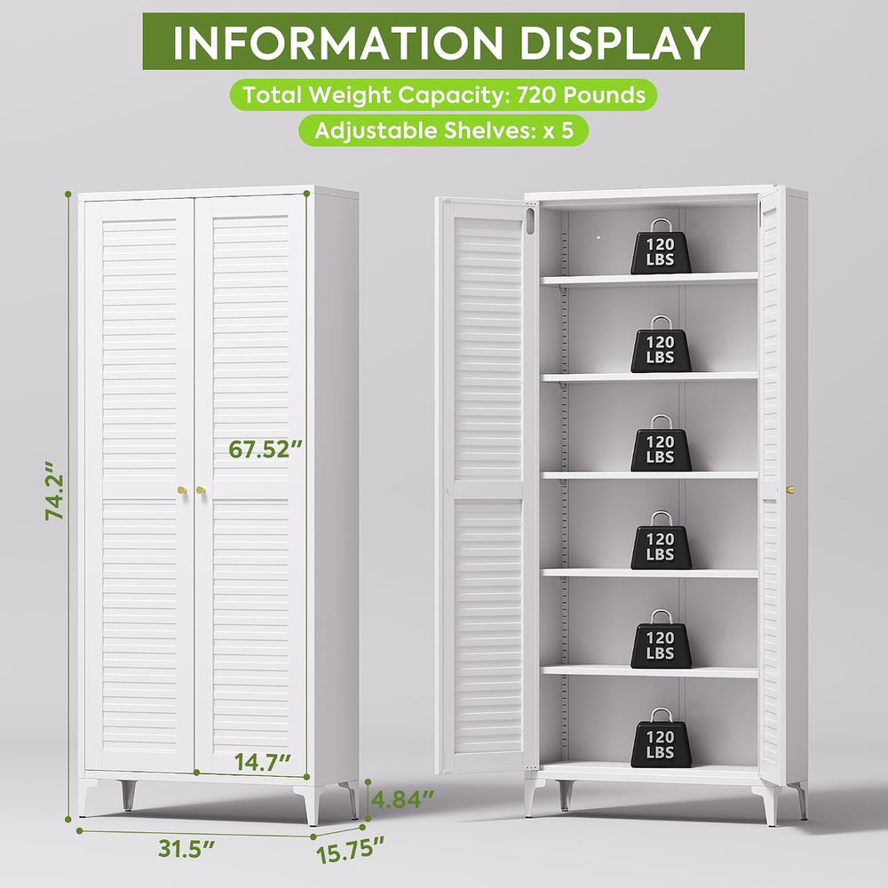 74" H Tall Kitchen Pantry Cabinet with Louvered Doors, Metal Storage Cab...