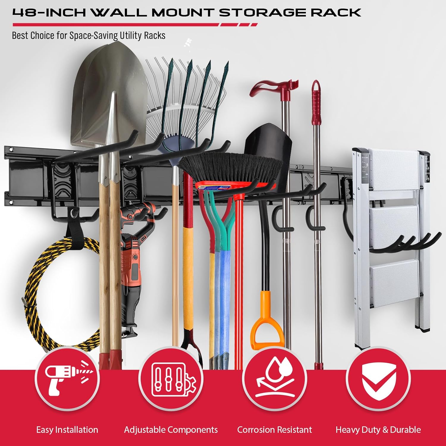 SEDY 48" Heavy Duty Garage Wall Organizer, Wall Mount Tool Storage Rack with Adjustable Hooks, Garden Tool Organizer Hold Up to 300lbs, Easy Installation (3 Panels, 8 Hooks, 3 Straps)