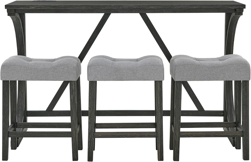 Merax 59 Inch Industrial Bar Table Set with Power Outlet, 3 Linen Upholstered...