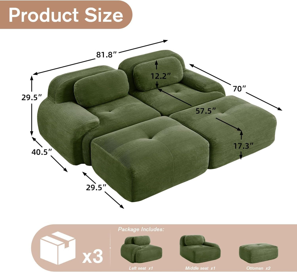 SoarFlash 81” Sectional Cloud Boneless Sofa Couches for Living Room-2 Seater U-Shaped Modern Lounge Couch-No Assembly Modular Corduroy Convertible Sponge Sleeper Sofas with Chaise for Home House,Green