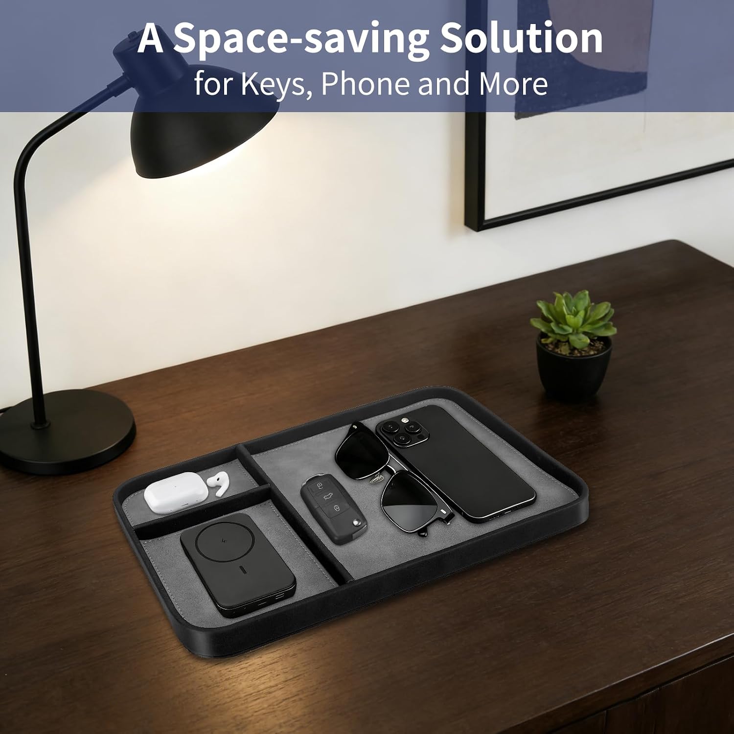 SITHON Valet Tray Trendy Organizer Multifunctional Nightstand Caddy Holder | Premium PU Leather Stylish and Organized Catchall Bedside Vanity Tray for Keys, Watch, Wallet, Jewelry and more, Black