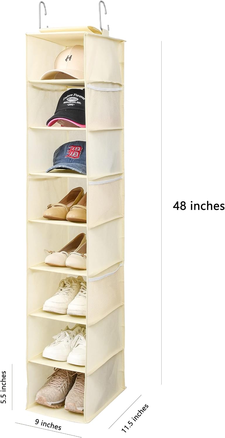 Berdeng Hanging Shoe Organizer for Closet with Side Mesh Pockets，Hat Racks for Baseball Caps，Shoe and Hat Holder & Storage，8-Shelf，Beige，1 Pack