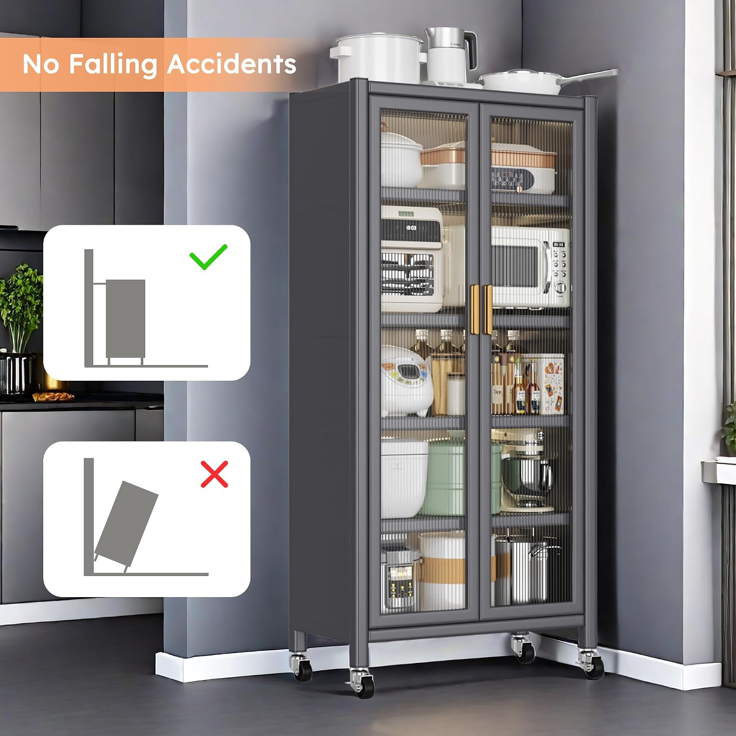 6 Tier 63" Kitchen Appliance Storage,Appliance Cabinet,Bakers Rack with Doors with Transparent Flap Door Design Kitchen Storage Shelves,Microwave Stand for Dining Room Black