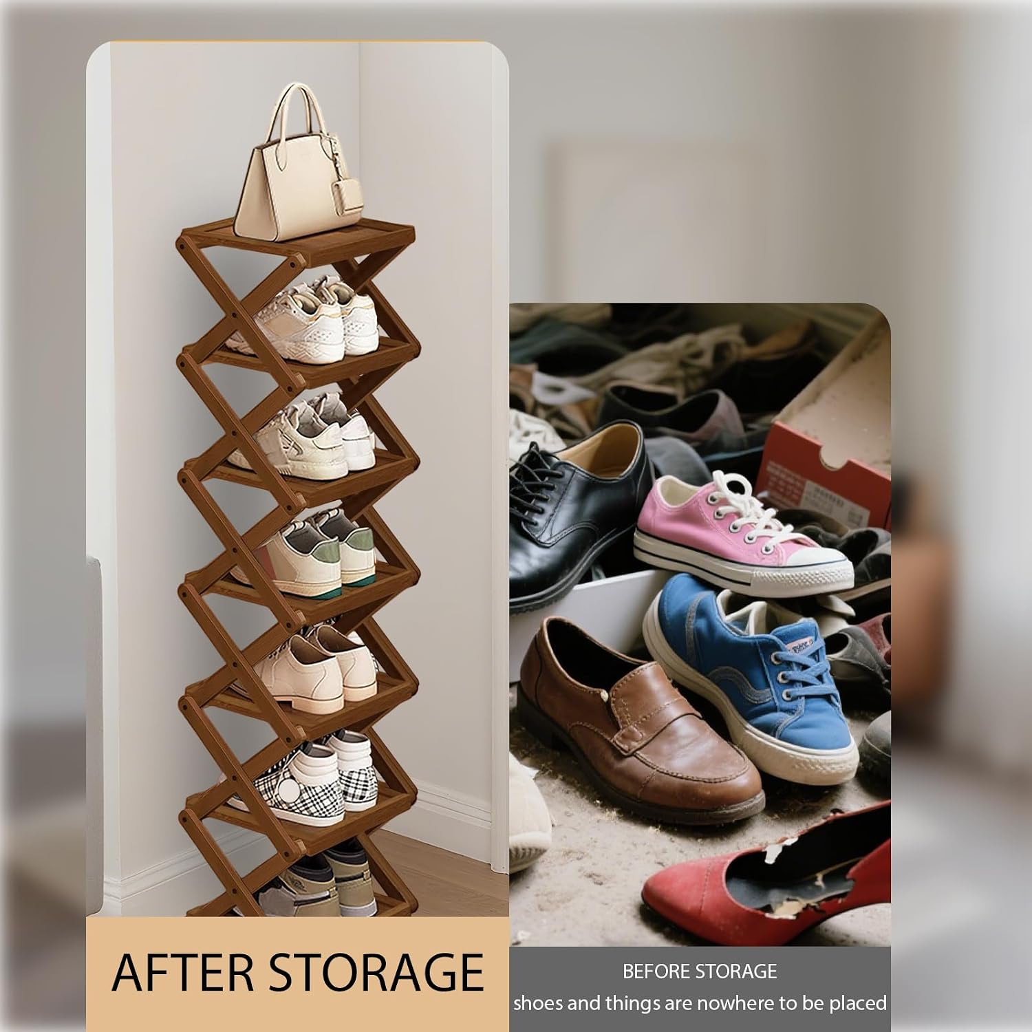 YYW Shoe Rack, Foldable Bamboo Shoes Shelf, Freestanding Shoe Storage Organiser for Entryway, Bedroom, Closet, Hallway, (Brown, 3 Layers, 25)