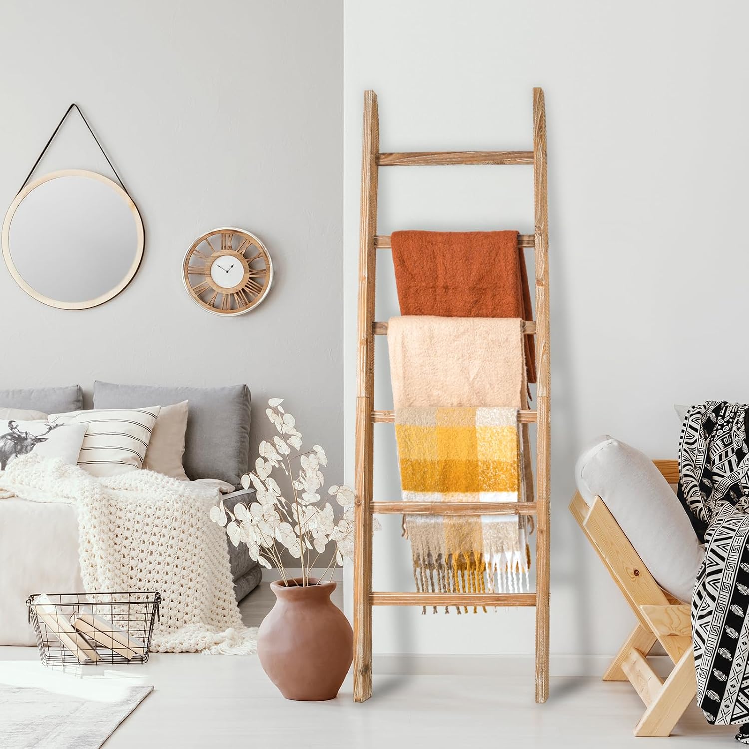 Blanket Ladder 6.4FT, Wooden Blanket Ladders for the Living Room, 6-Layer Farmhouse Rustic Quilt Rack for Living Room Bathroom (24 inch Wide)