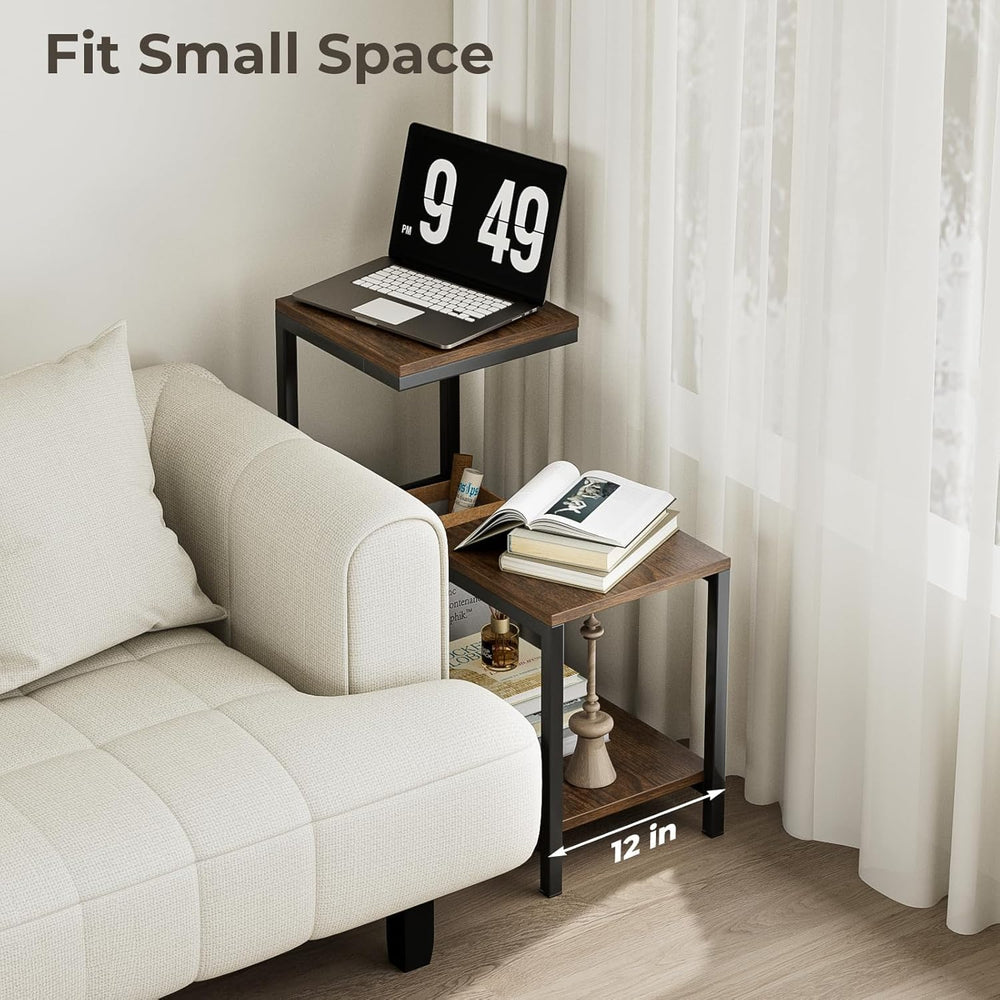 NUNET G-Shaped End Table with Storage Shelf – Rustic Brown Space-Saving Corne...