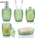 Modern Shatterproof Acrylic Olive Green Bathroom Accessories Set – 5-Piece Glass-Free Vanity Set with Soap Dispenser, Toothbrush/Makeup Brush Holder, 2 Cotton Jars with Lids, and Soap Dish