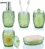 Modern Shatterproof Acrylic Olive Green Bathroom Accessories Set – 5-Piece Glass-Free Vanity Set with Soap Dispenser, Toothbrush/Makeup Brush Holder, 2 Cotton Jars with Lids, and Soap Dish