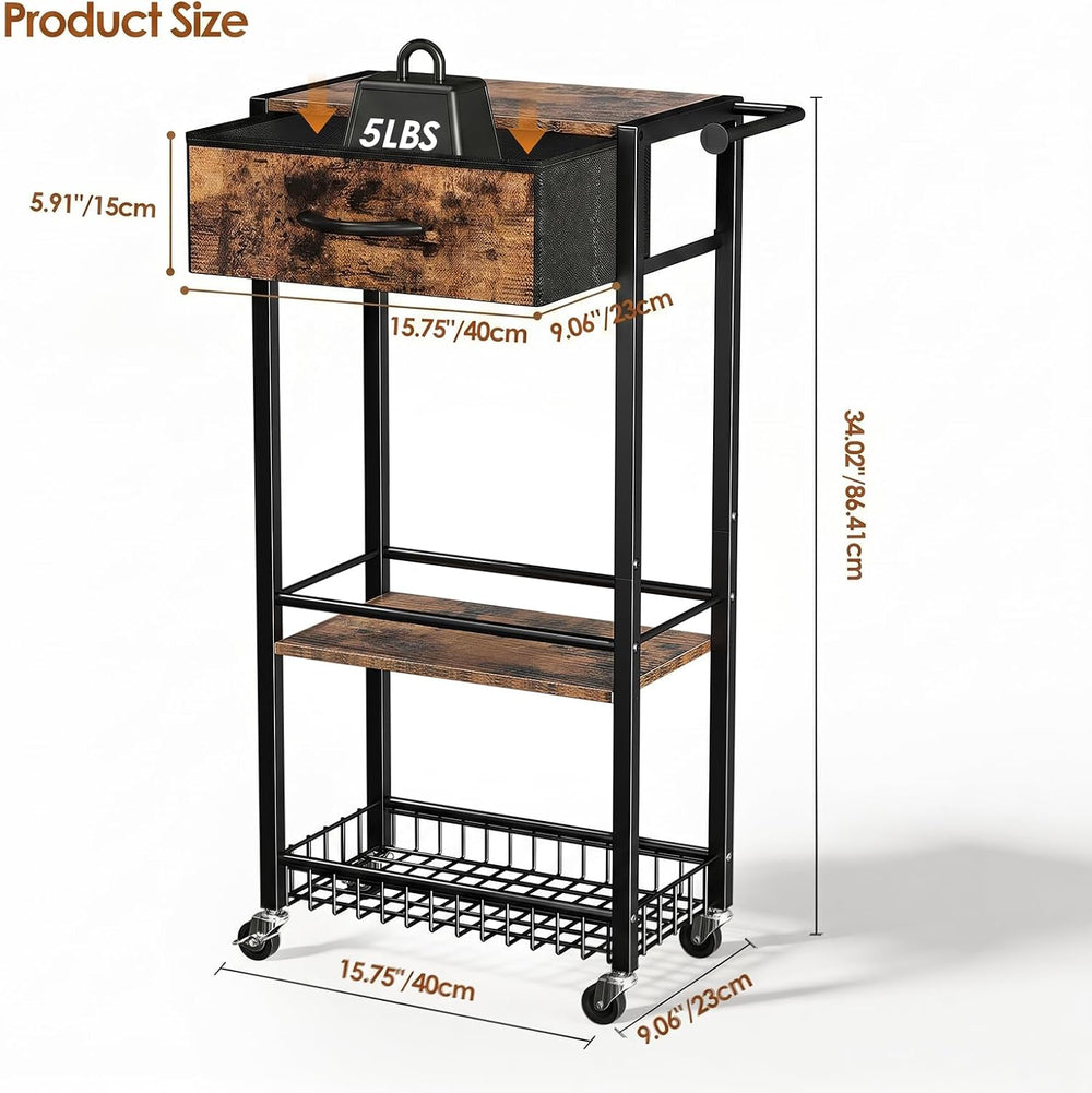 Lewondr 3-Tier Slim Storage Cart with Drawer, Rolling Utility Cart, Black | H...
