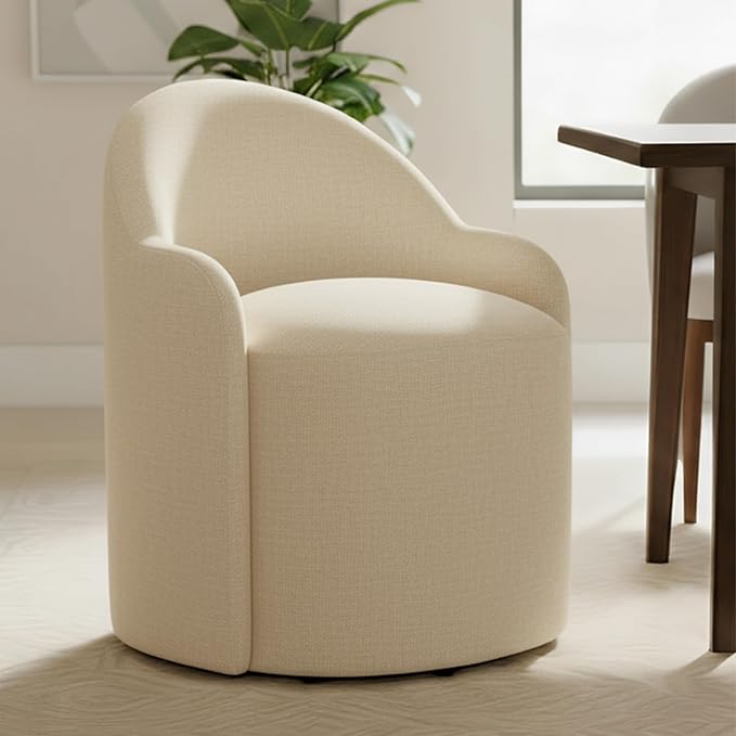 Upholstered Dining Chairs with Casters, No Assembly Modern Dining Room Chairs Accent Vanity Chair with 5 Wheels & Round Backrest for Bedroom, Living Room, Dressing, Sand Fabric, Set of 1
