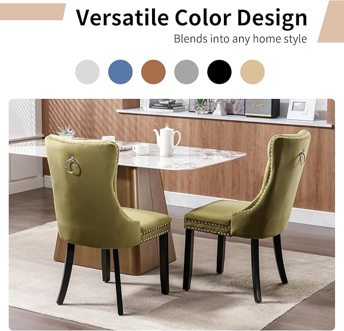 Modern Dining Chairs Set of 6, Tufted Upholstered Dining Chair with Solid Wood Legs, Olive Green Velvet Accent Chair, Sillas de Comedor, 6 Dining Chairs (Olive Green, Velvet, 6Pcs)