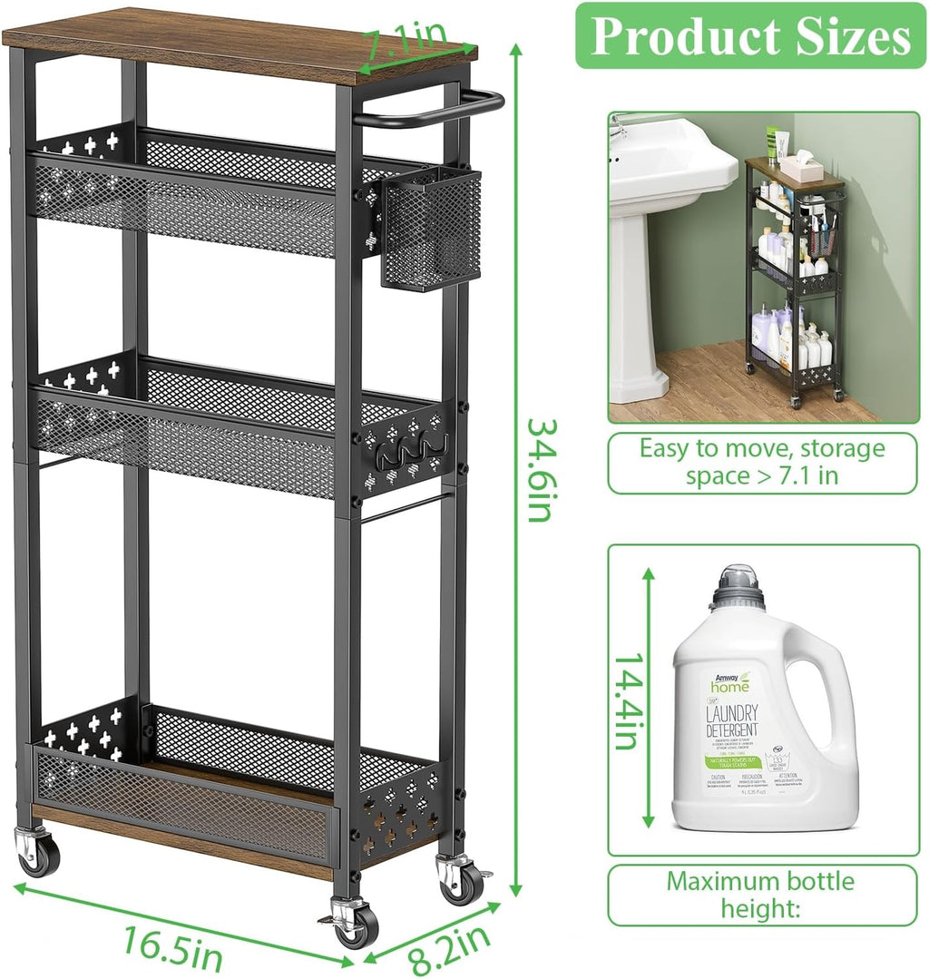 4 Tier Slim Rolling Storage Cart Laundry Room Organzier with Wheels | Small metal bathroom cart，kitchen organizer, trolley with handle and mesh basket, 7.1 inch width for narrow space, black