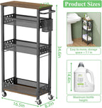 4 Tier Slim Rolling Storage Cart Laundry Room Organzier with Wheels | Small metal bathroom cart，kitchen organizer, trolley with handle and mesh basket, 7.1 inch width for narrow space, black
