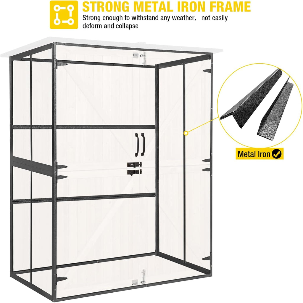 Aivituvin Storage Shed Outdoor Storage Cabinet Upgraded with All Arounded Metal Frame, Wooden Floor and Adjustable Shevels 55" L x 29" W x 67" H, Brown