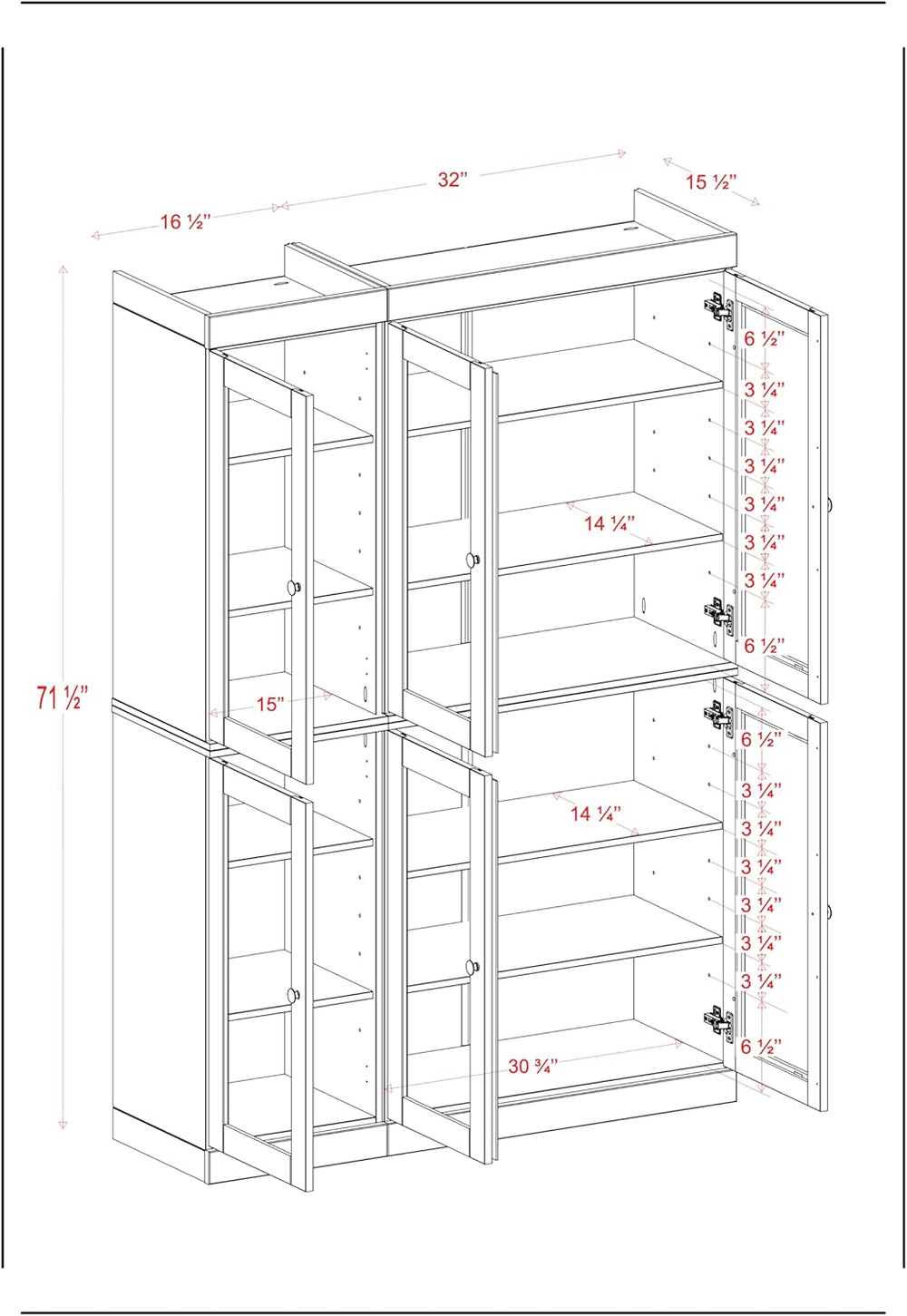 Palace Imports 100% Solid Wood 48.5" Pantry China Cabinet with Clear Gla...