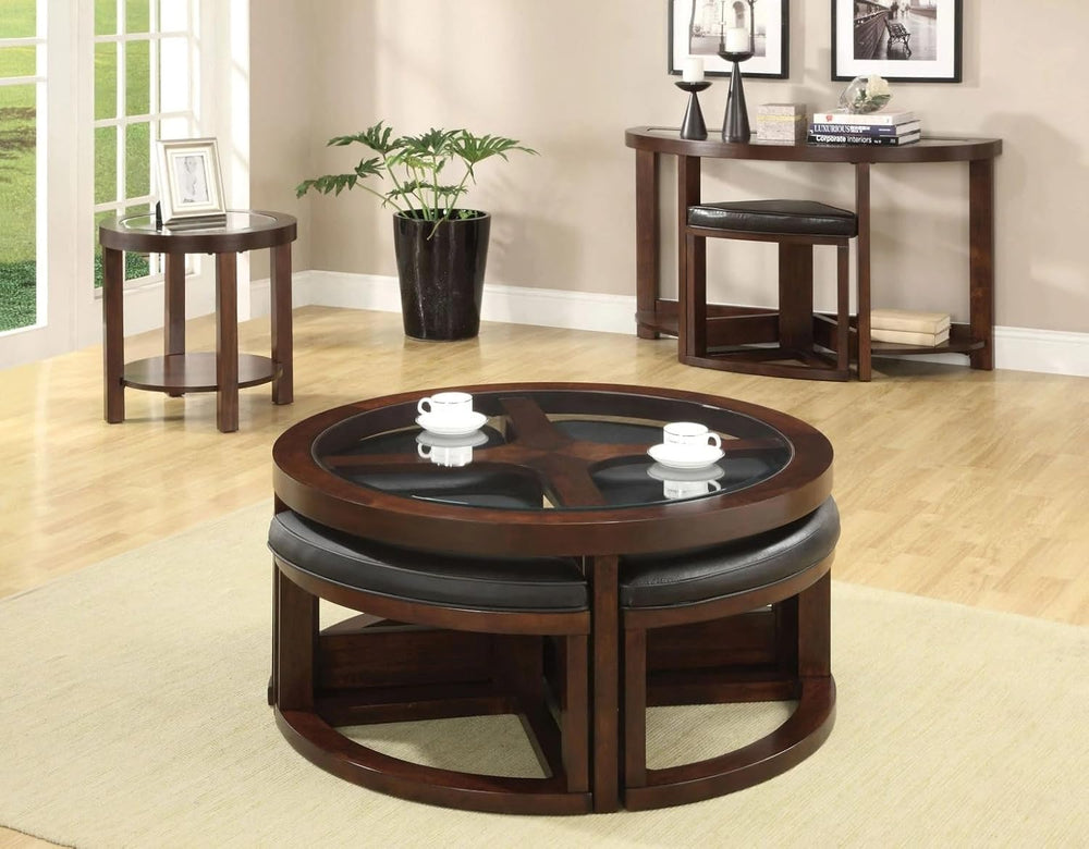 Dark Walnut Coffee Table Glass Insert Top Ottoman Included Table Set Living R...