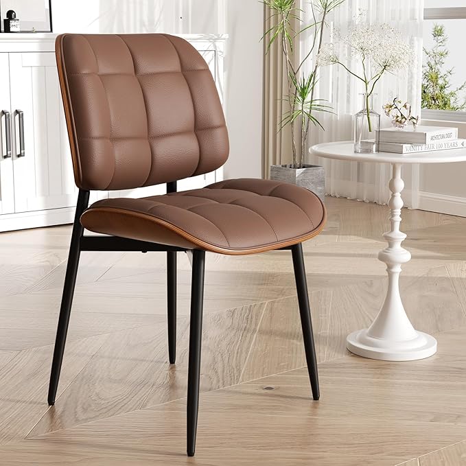 Dining Chair, Mid Century Modern Dining Room Chair, Upholstered Faux Leather Kitchen Chairs with Thick Cushion and Walnut Bentwood Back for Kitchen Dining Room, Coffee