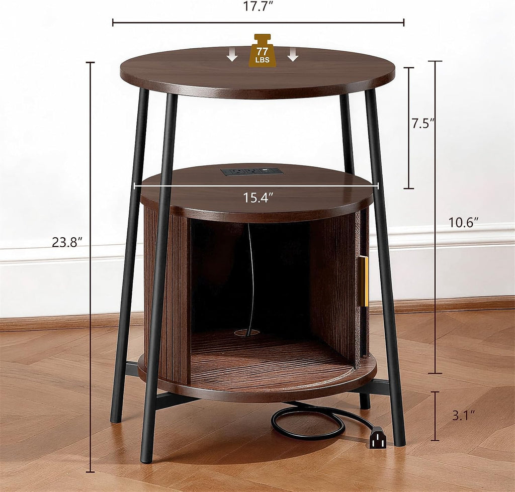 DHH Round End Tables with Charging Station, Fluted Accent Side Table with Sliding Door, Mid-Century Modern Nightstand for Small Space Storage, Living Room, Bedroom,Sofa Couch(1, Walnut)