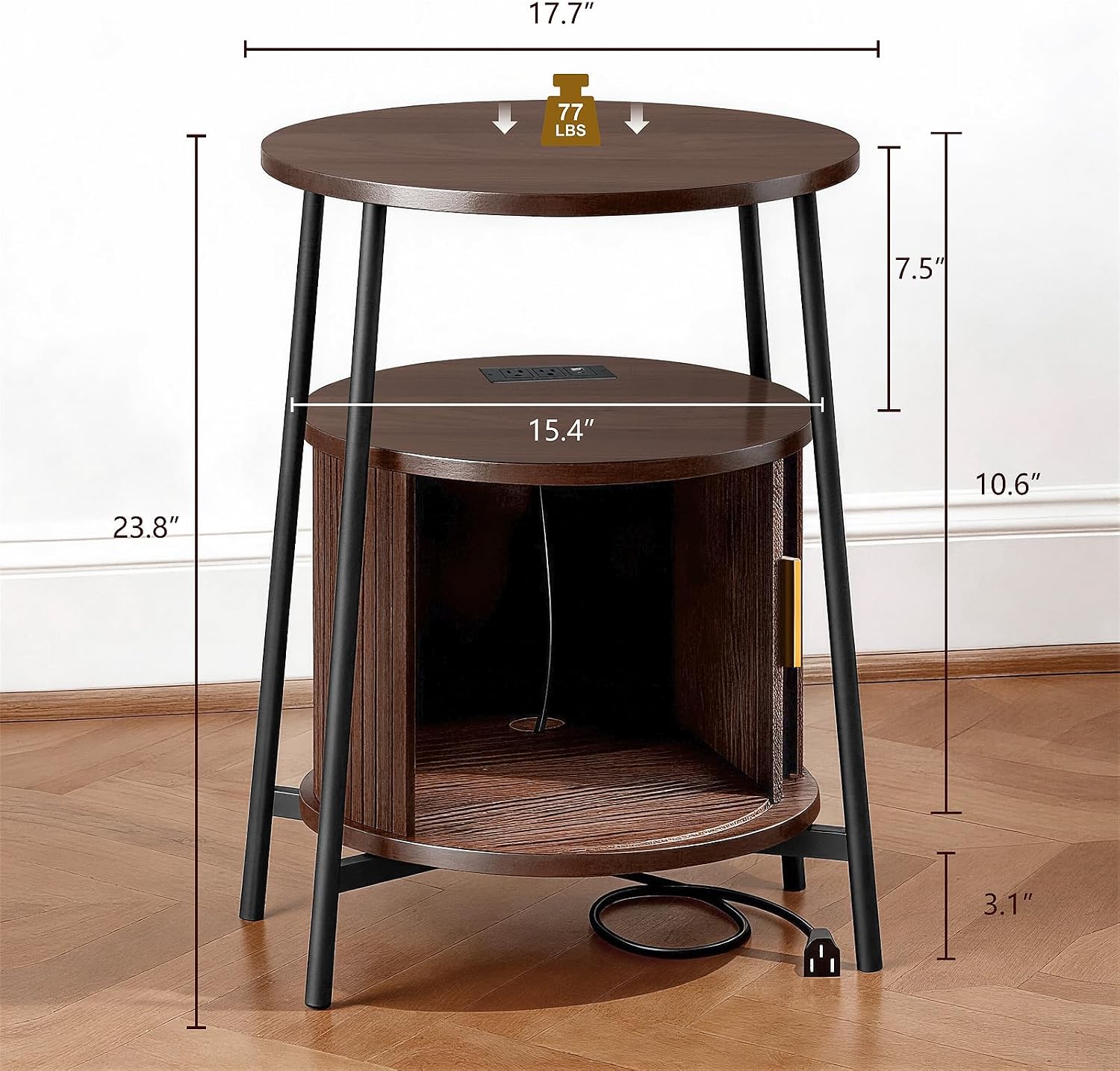 DHH Round End Tables with Charging Station, Fluted Accent Side Table with Sliding Door, Mid-Century Modern Nightstand for Small Space Storage, Living Room, Bedroom,Sofa Couch(1, Walnut)