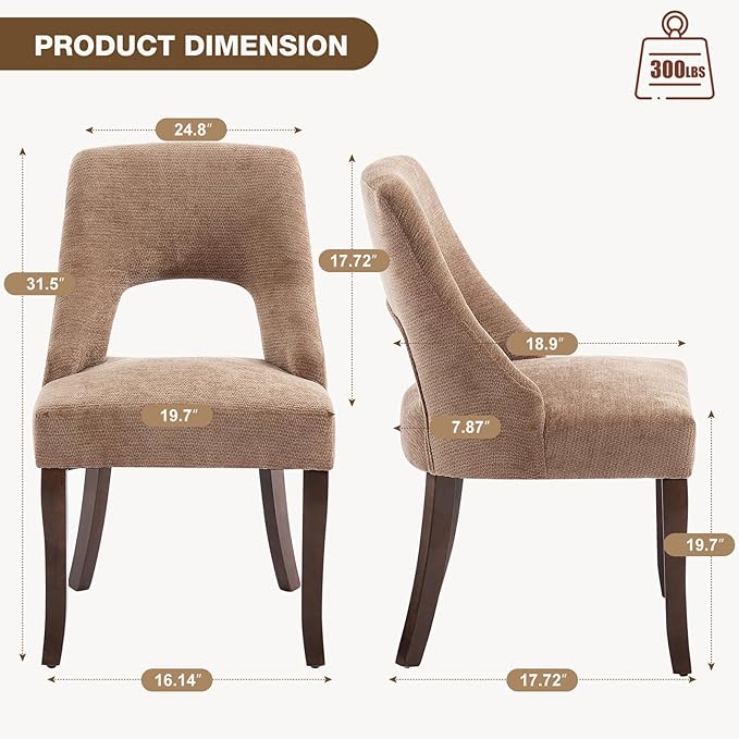 UVV Wooden Dining Chairs Set of 4, Mid Century Modern Upholstered Dining Room Chair Kitchen Chairs, Chenille Dinner Chair with Solid Wood Legs for Kitchen Dining Room, Khaki