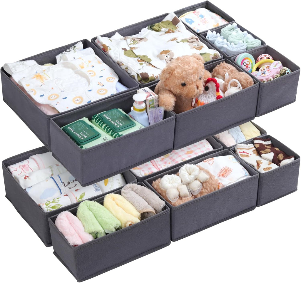 14 Pack Drawer Organizer for Clothes Dresser Organizer for Nursery-Perfect Baby Cloth Organizer and Storage General Nursery Organization or Dresser Drawer Organizer Bins Foldable Washable Grey