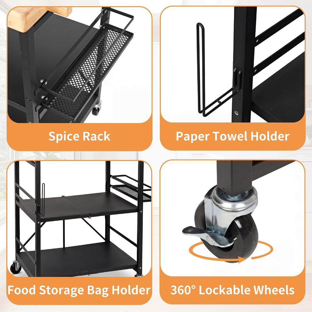 PLKOW Foldable Kitchen Cart with Solild Oak Wood Top, Rolling Kitchen Island ...