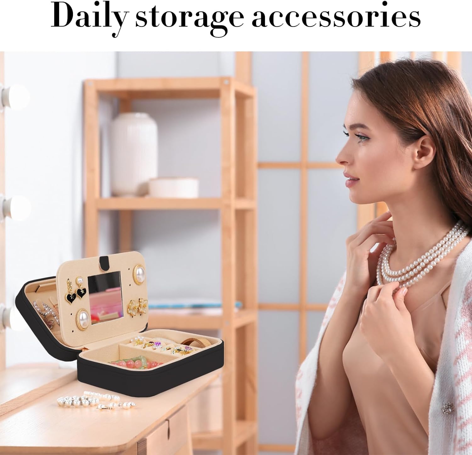 TopPerfekt Travel Jewelry Case, Jewelry Box with Mirror, Jewelry Organizer Bridal Shower Gifts to Her, Earring Storage Travel Case, Trendy Gift for Women and Girls, Girlfriend-Letter P, Black