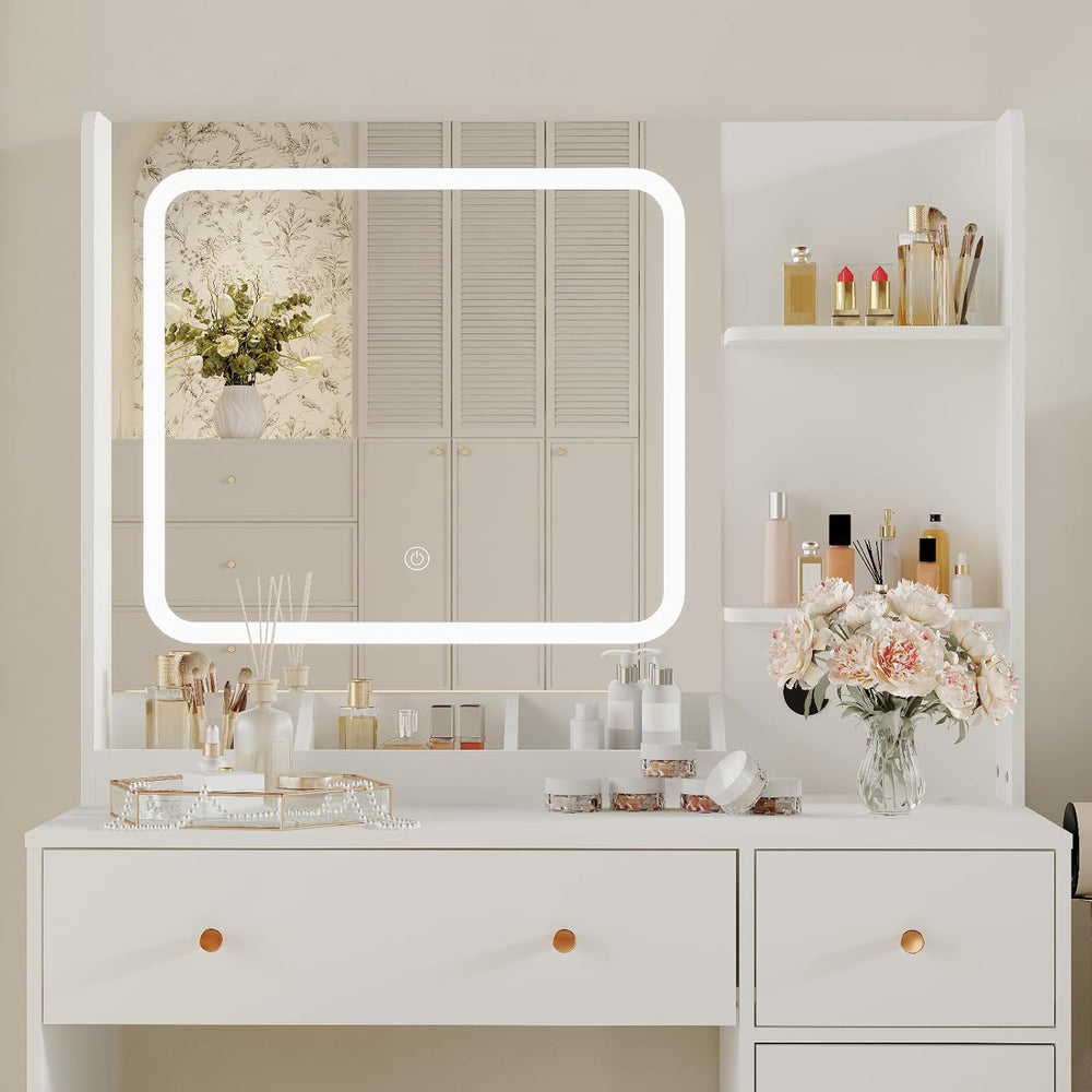 HaHarmoHaby Vanity Desk with Lighted Mirror, Makeup Vanity Table with 4 Drawe...