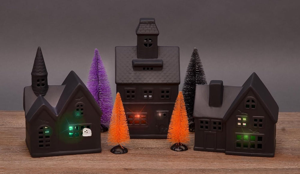 Mark Feldstein Black Porcelain Haunted Halloween LED Village, 10 Pc