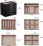 pickpiff Jewelry Box Organizer Case for Women: 5-Layer Jewelry Storage Case with Glass Window, Black Leather with Blush Velvet, Holder for Ring Necklace Bracelet Brooch Watch, Great Gift for Her
