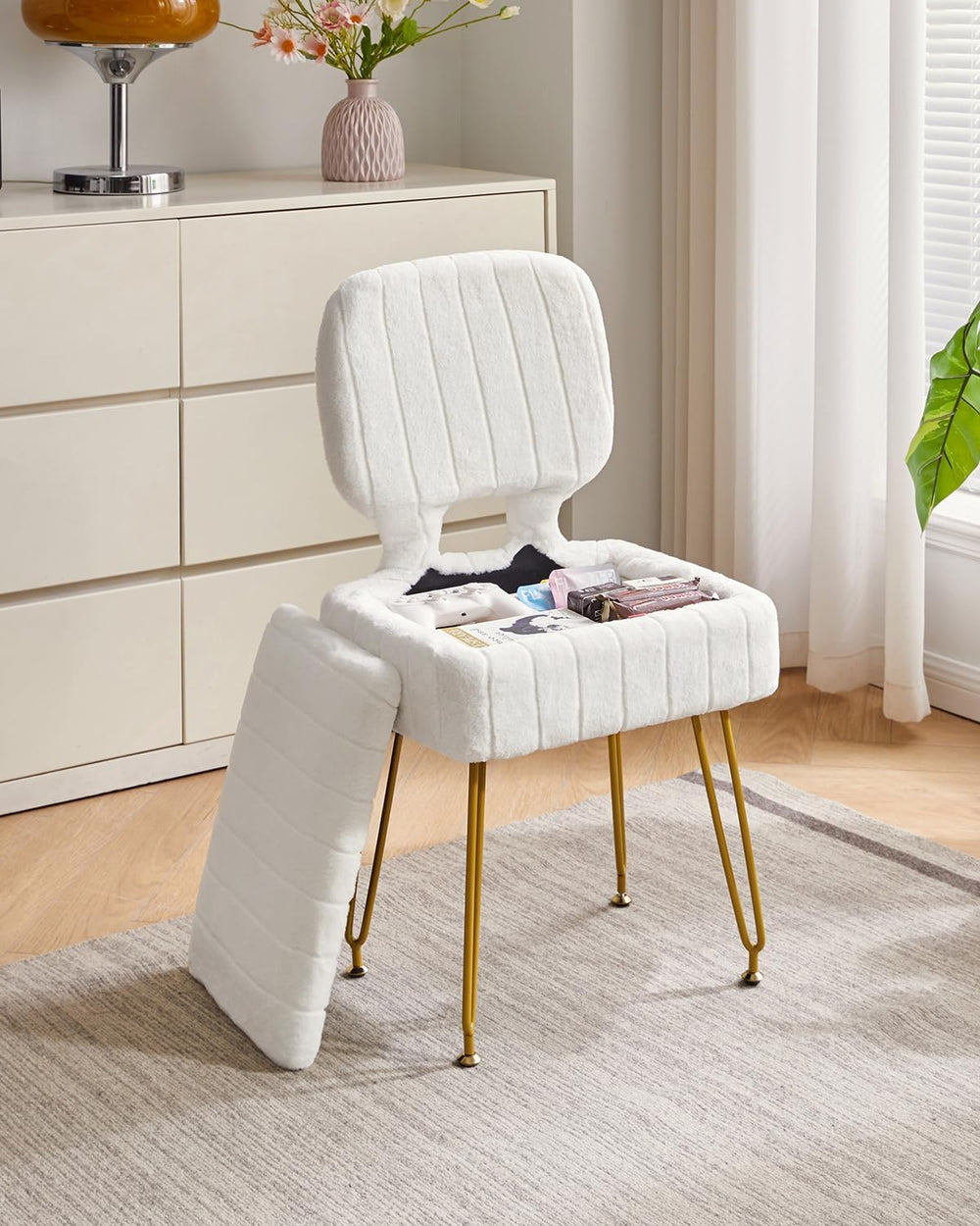 IBUYKE Vanity Stool with Storage, Folding Back Makeup Chair, White WBD030W | ...