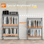 Homdox Rolling Clothes Rack Heavy Duty, 3-Tier Adjustable Wire Shelving Garment Organizer with Double Rods & Hooks, Portable Clothes Rack with Wheels, 17.72" D x 47.24" W x 80.71" H, Grey