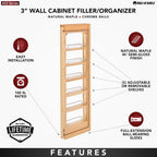Rev-A-Shelf 3" W x 39" H Pull Out Quad Shelf Organizer for Wall & Base Kitchen Cabinets, Full Extension Filler Spice Rack, Adjustable, Wood, 432-WF39-3C