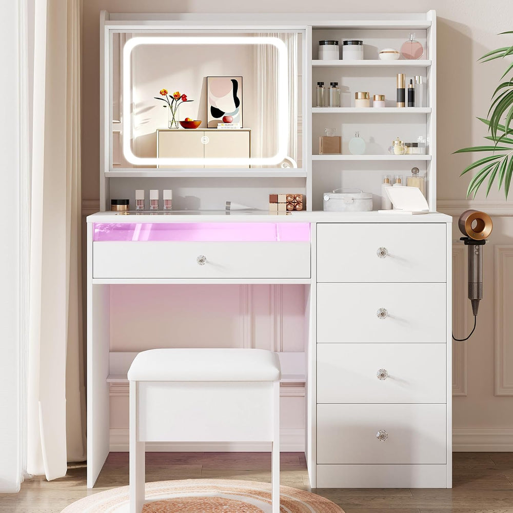 LIVELYGLOW 39.4" White Vanity Desk Set with Glass Desktop & RGB Ligh...
