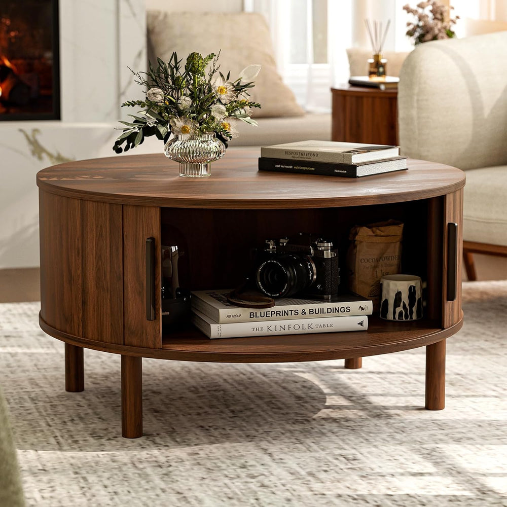 ZttRiee Round Coffee Table with Sliding Doors, Mid-Century, Walnut