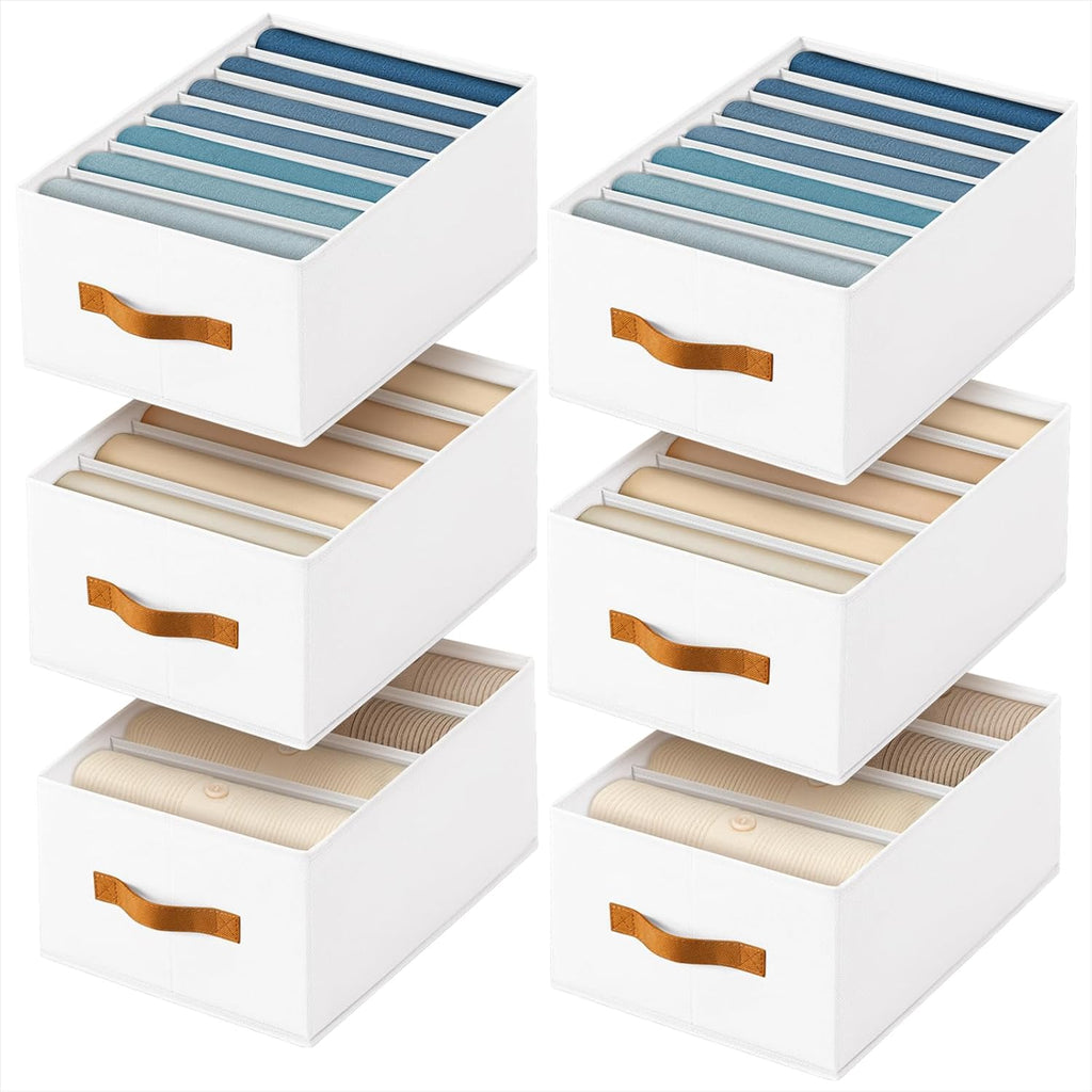 Clothes Organizers and Storage - 4/5/7 Grids Fabric Jeans Organizer with Handles, Foldable Closet Organizers Dividers, Wardrobe organizer for Pant, Sweater, T-shirt, Scarf, 6 Pack, White