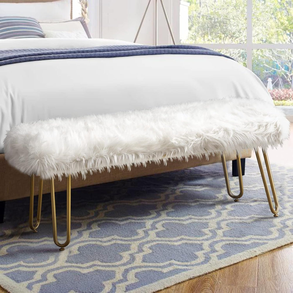 White Faux Fur Ottoman Bench Upholstered Furry Entryway Bedroom Bench with Go...