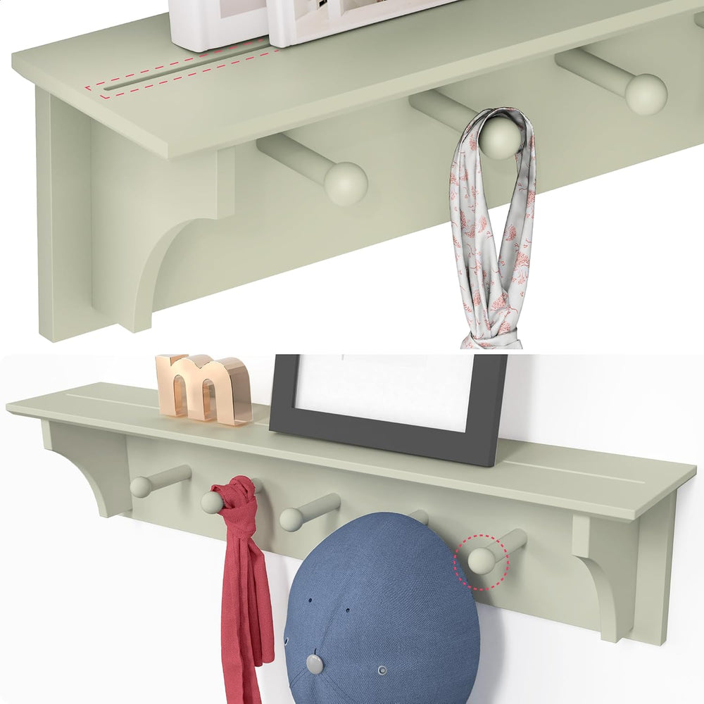 Ballucci Wall Mounted Coat Rack 24" Long, 5 Hooks, Hanging Floating Shelf