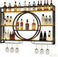 47.2” Wall Mounted Wine Rack with LED Light and Glass Holder | Industrial Metal Bar Shelf Wall Mounted Wine Rack for Kitchen, Bar, Dining Room (Black, 47.2inch/120cm)