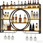 47.2” Wall Mounted Wine Rack with LED Light and Glass Holder | Industrial Metal Bar Shelf Wall Mounted Wine Rack for Kitchen, Bar, Dining Room (Black, 47.2inch/120cm)